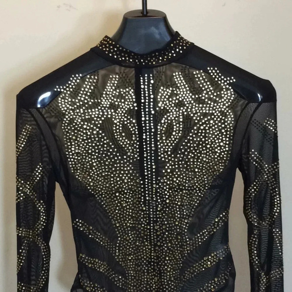 Tops - Sexy Sheer Black Mesh Bodysuit – Gold Rhinestone Embellished, Long Sleeve
